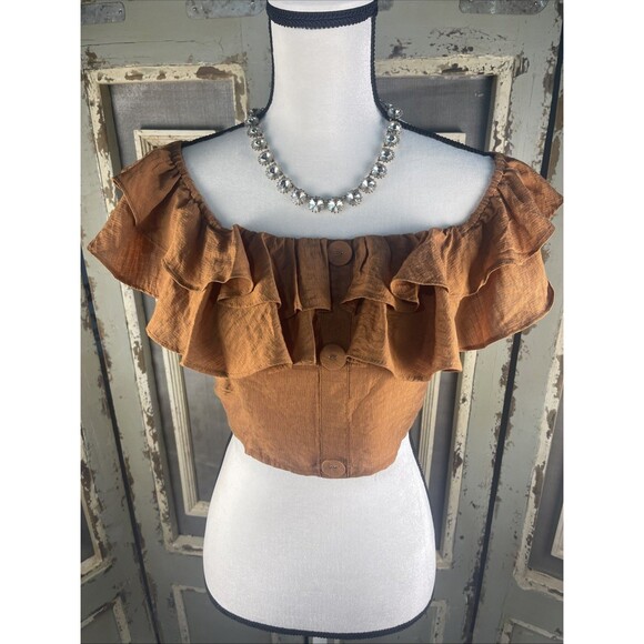 SAGE Tops - Sage The Label Ruffled Off The Shoulder Button Front Crop Top